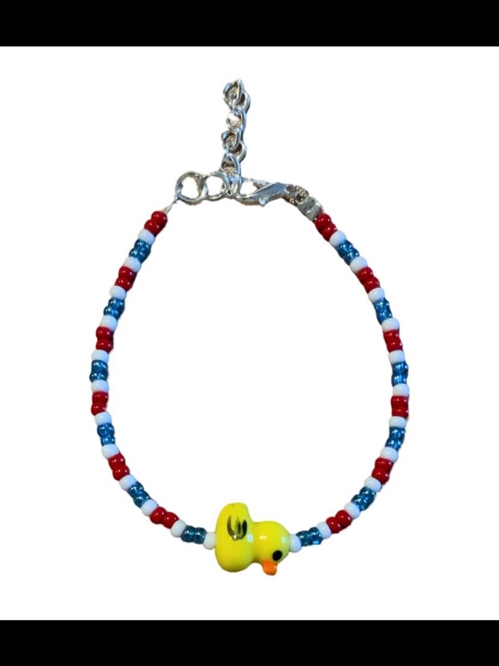 Beaded Duck Charm Anklet - Yellow Duck, Red/White/Blue Beads